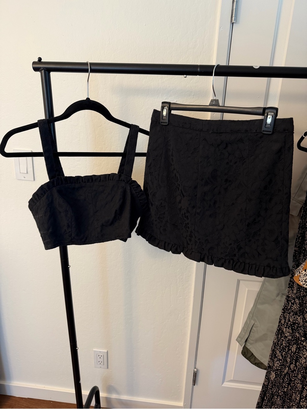 Free People Black Lace Ruffle Mini Skirt & Crop Top Set